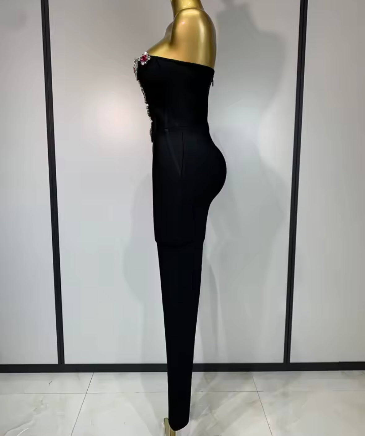 Black Strapless Crystal Rhinestone Sexy Jumpsuit