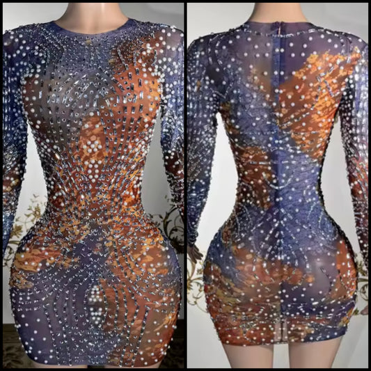 Sexy Colorful See Through Full Sleeve Rhinestone Dress