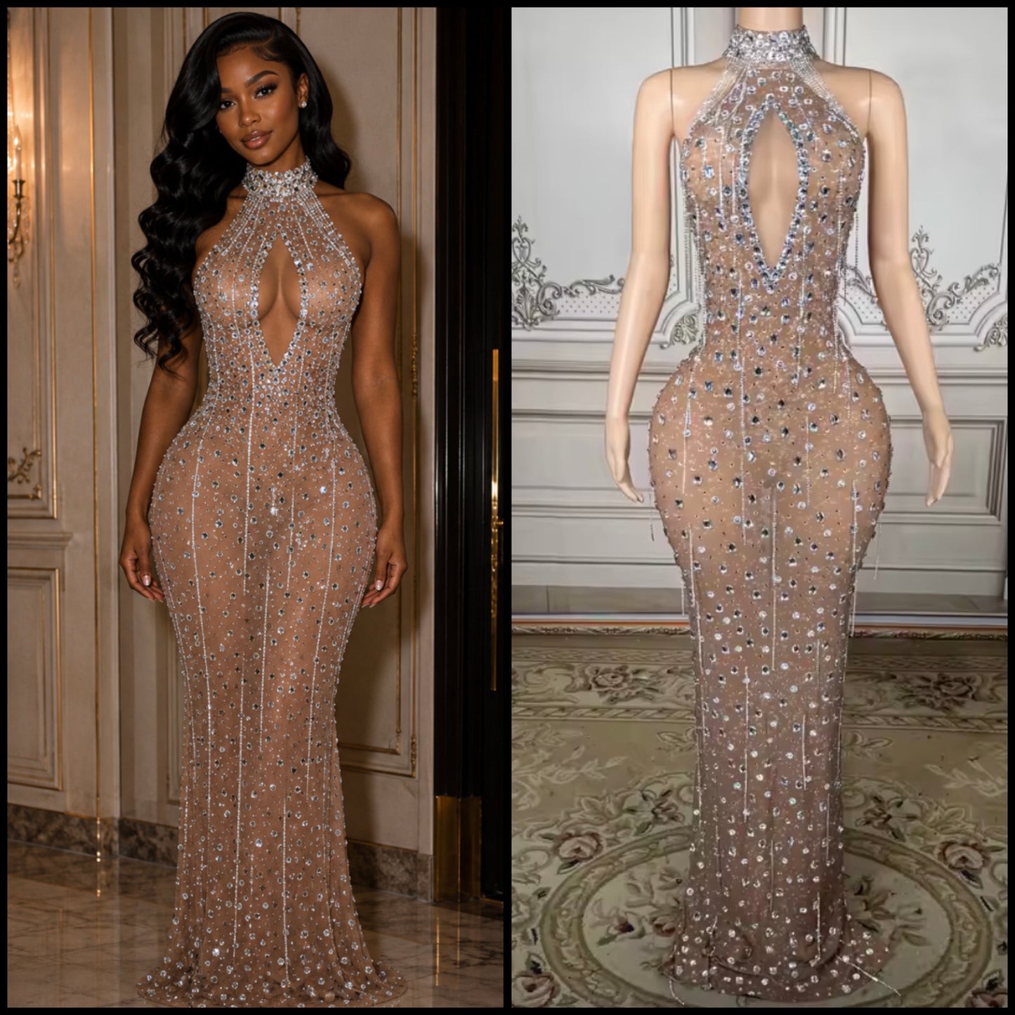 Sexy Sleeveless Rhinestone Tassel Maxi Dress