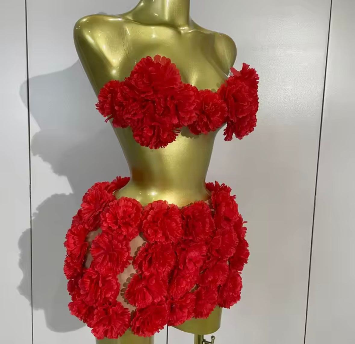 Red Sexy Sleeveless Floral Chain Open Back Skirt Set