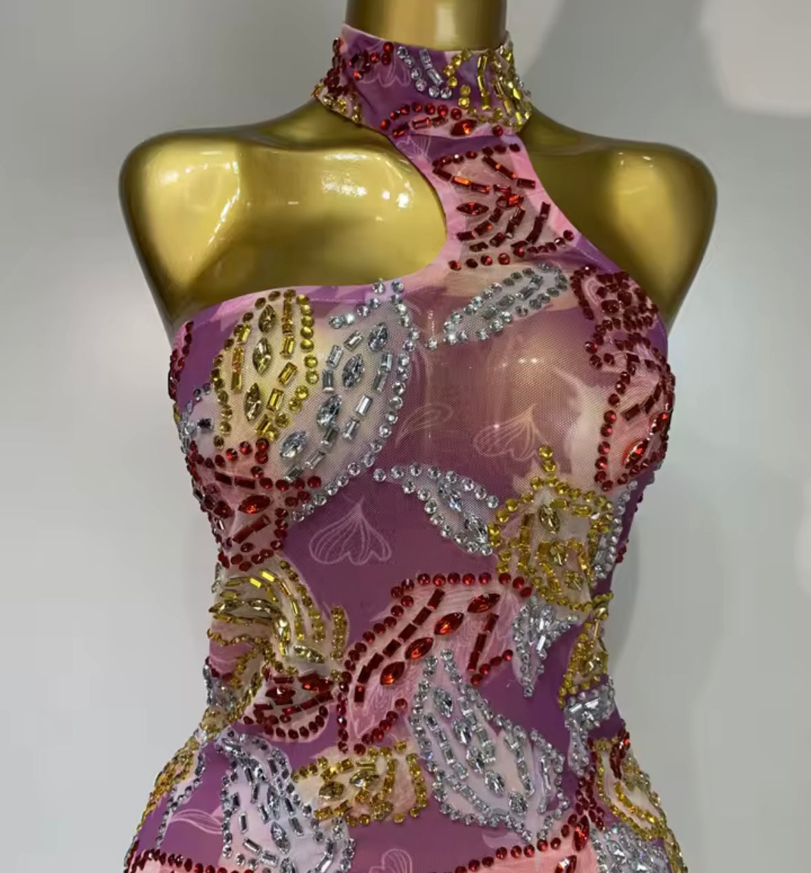 Multicolored Rhinestone Halter Sleeveless Dress