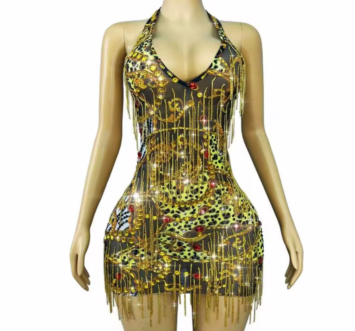 Sexy Halter Sleeveless Printed Tassel See Through Dress