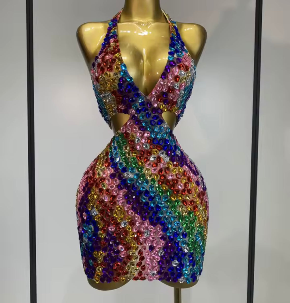 Sexy Halter Sleeveless Multicolored Rhinestone Dress