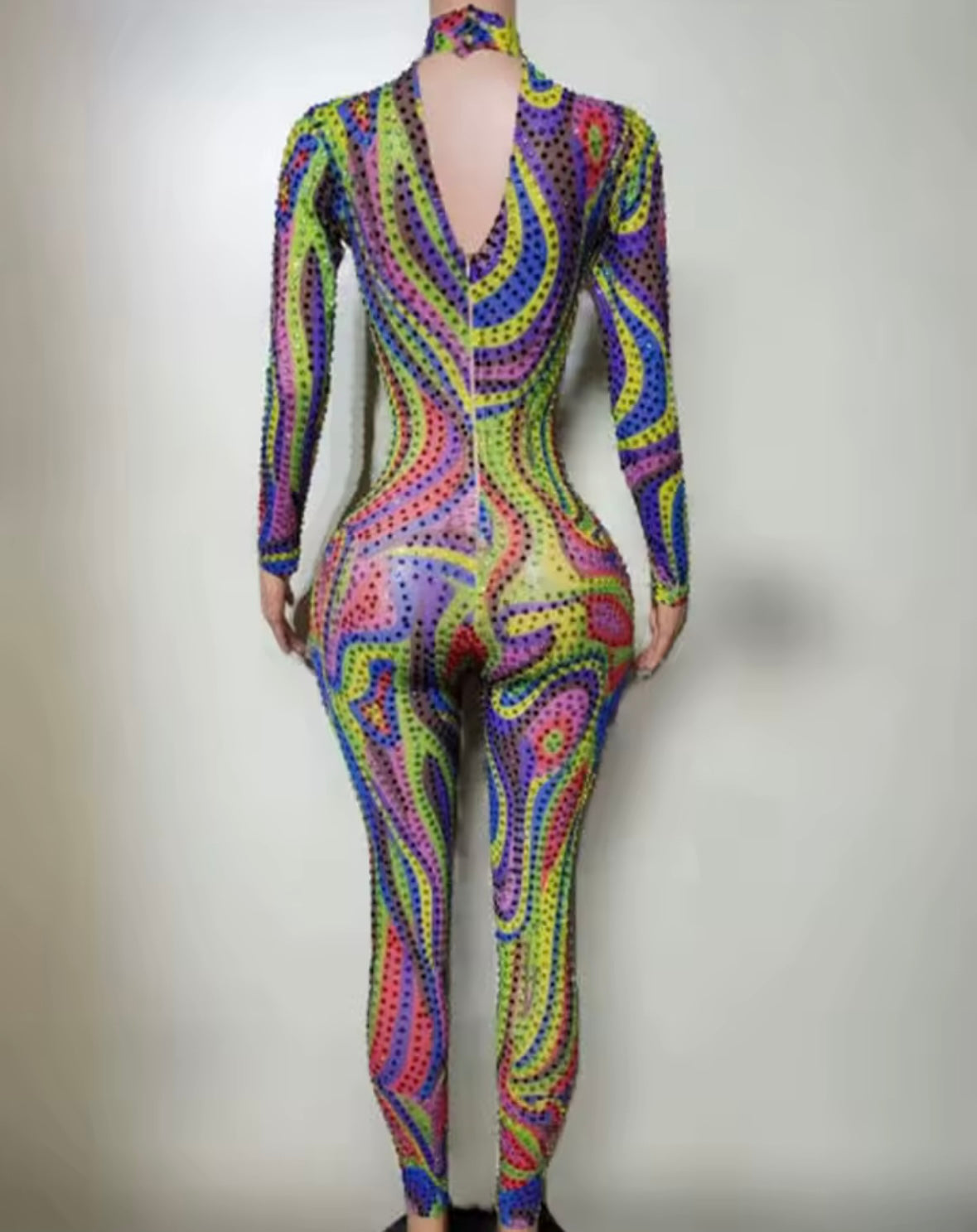 Sexy Multicolored Rhinestone Full Sleeve Jumpsuit