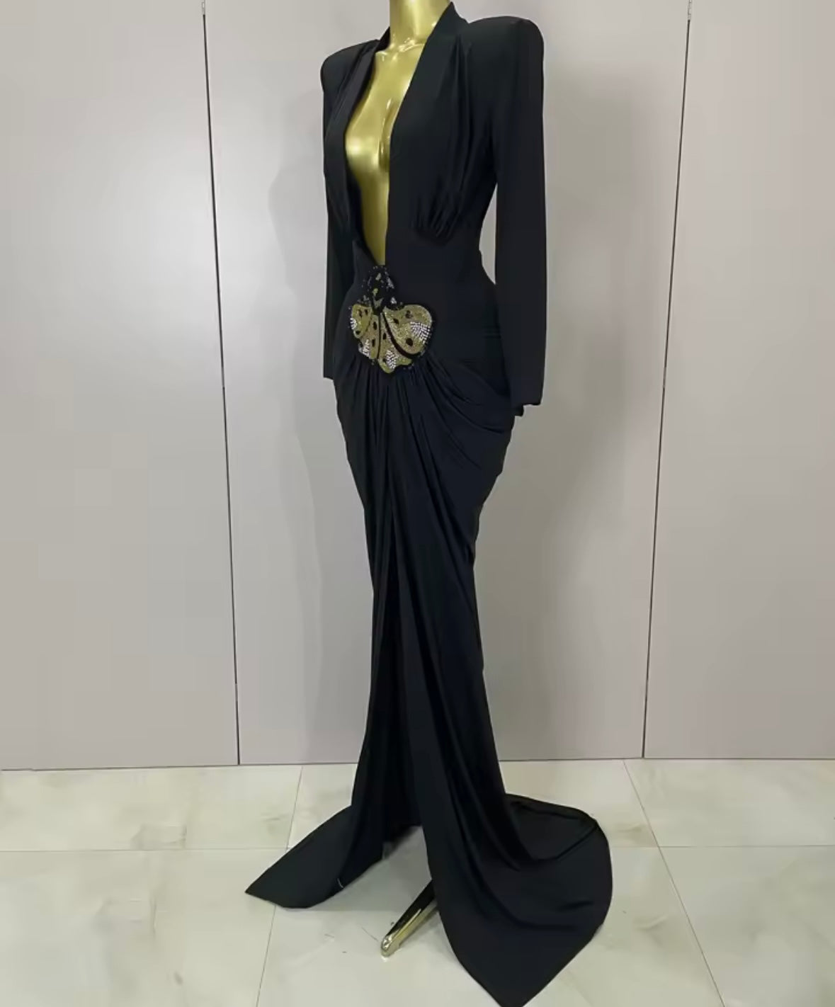 Sexy Black Deep V-Neck Full Sleeve Beaded Maxi Dress