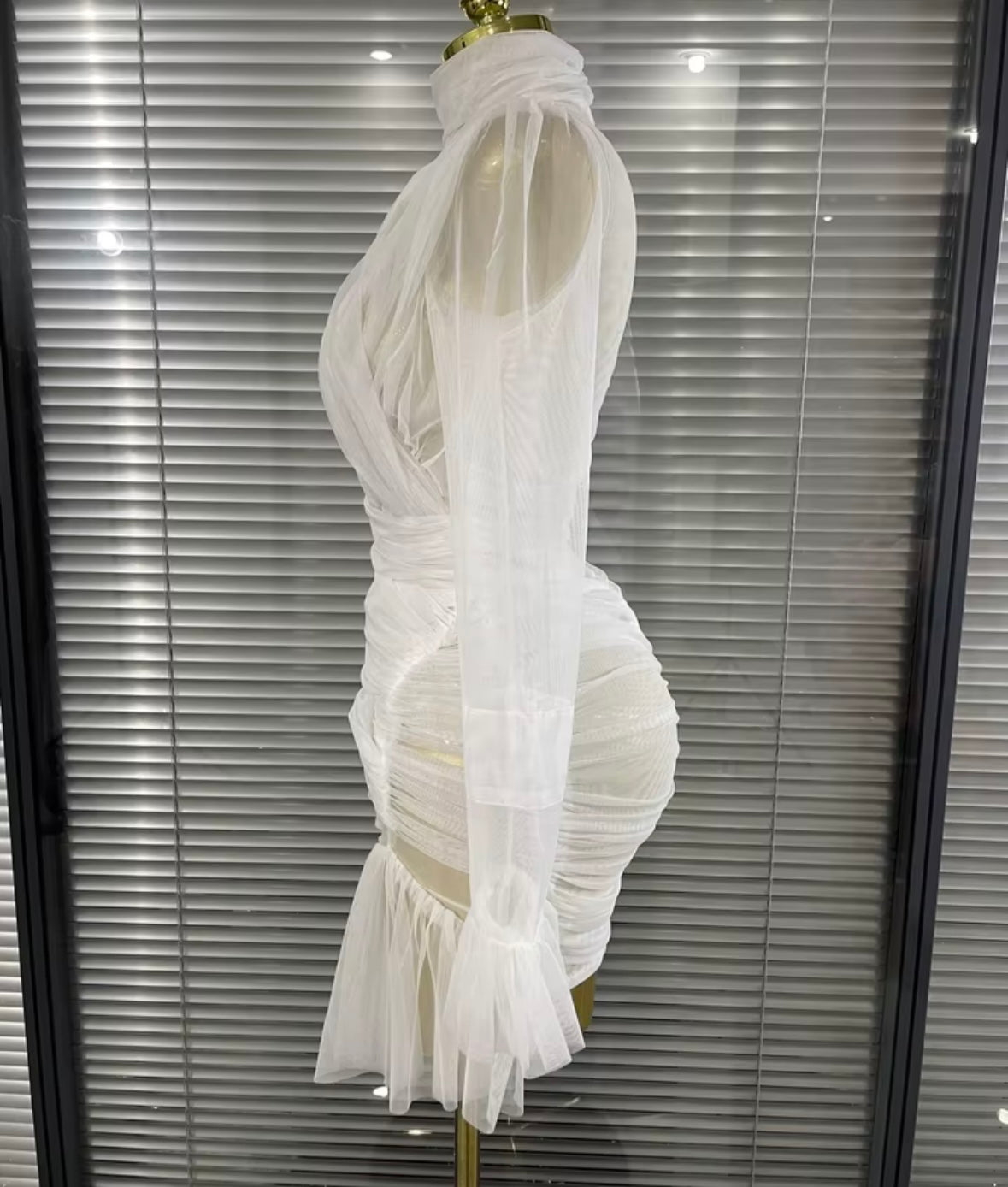 White Sexy See Through Ruched Ruffle Full Sleeve Dress