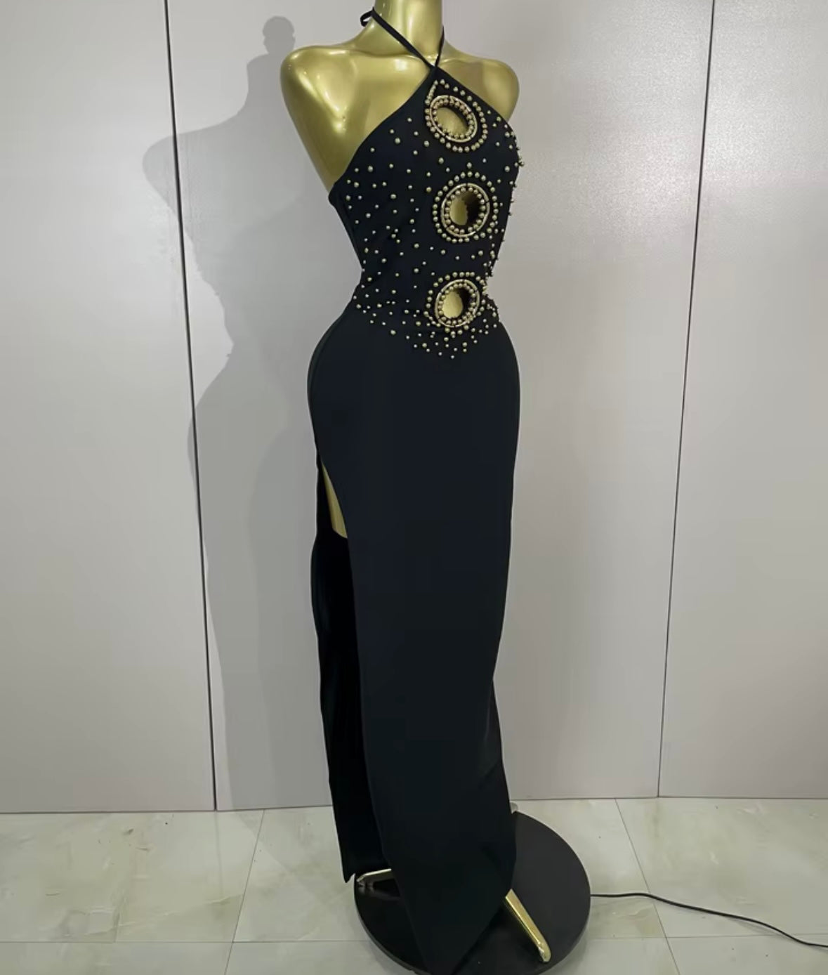 Sexy Black Beaded Halter Side Split Floor-Length Dress