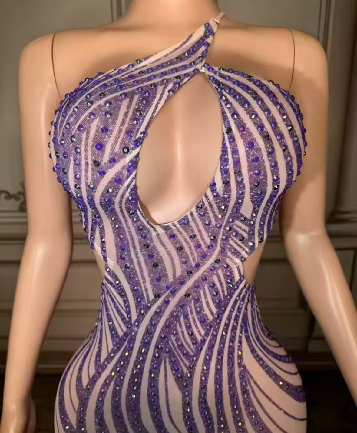 Sexy Striped Rhinestone Halter Sleeveless Open Back Dress