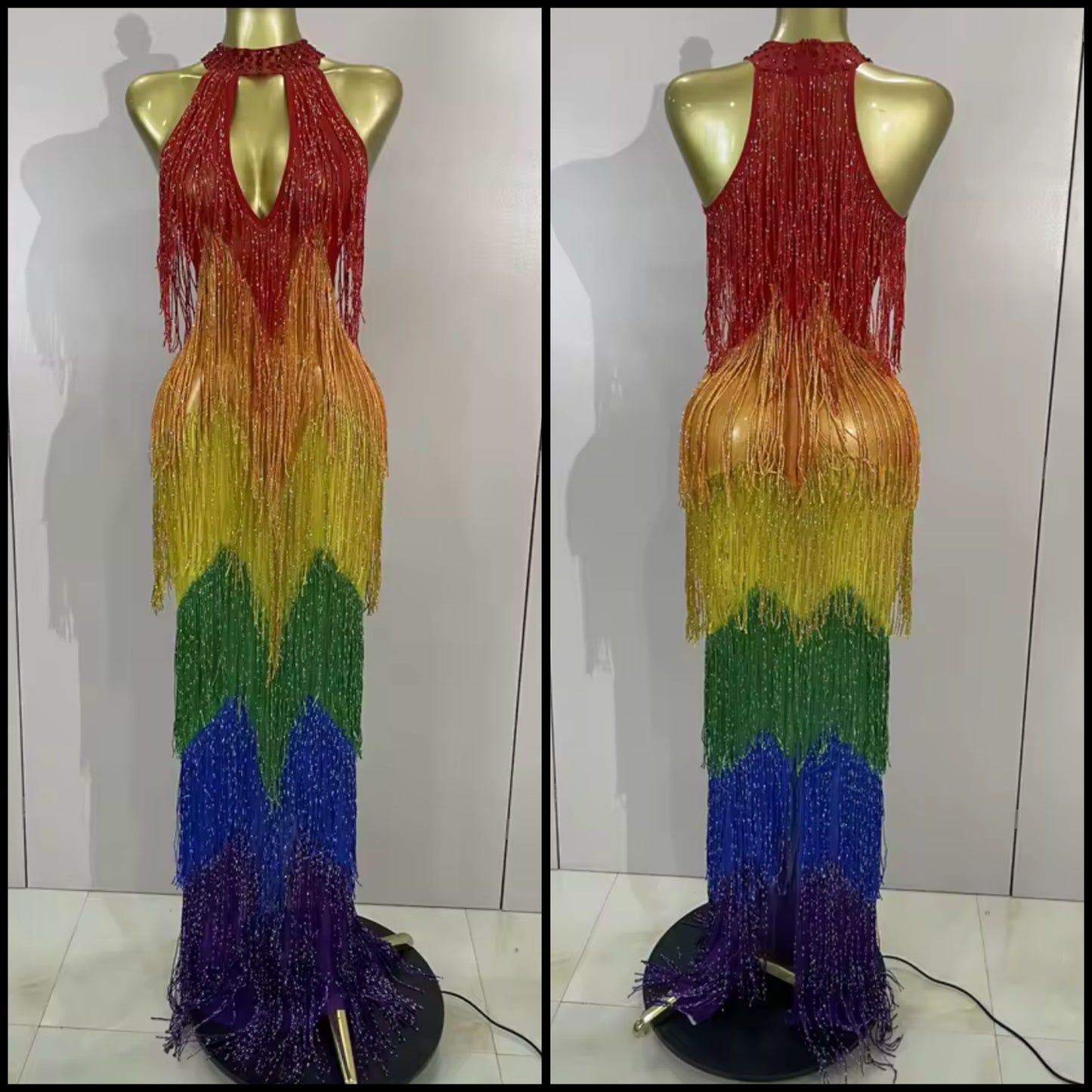 Sexy Halter Sleeveless Colorful Rhinestone Fringe Tassel Maxi Dress