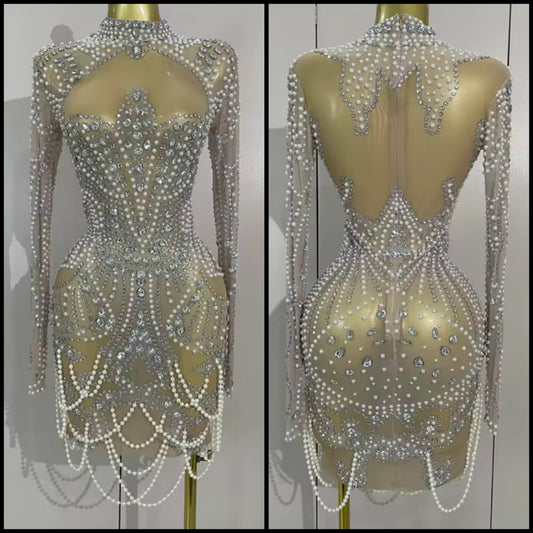 Sexy Pearl Rhinestone See Through Full Sleeve Dress