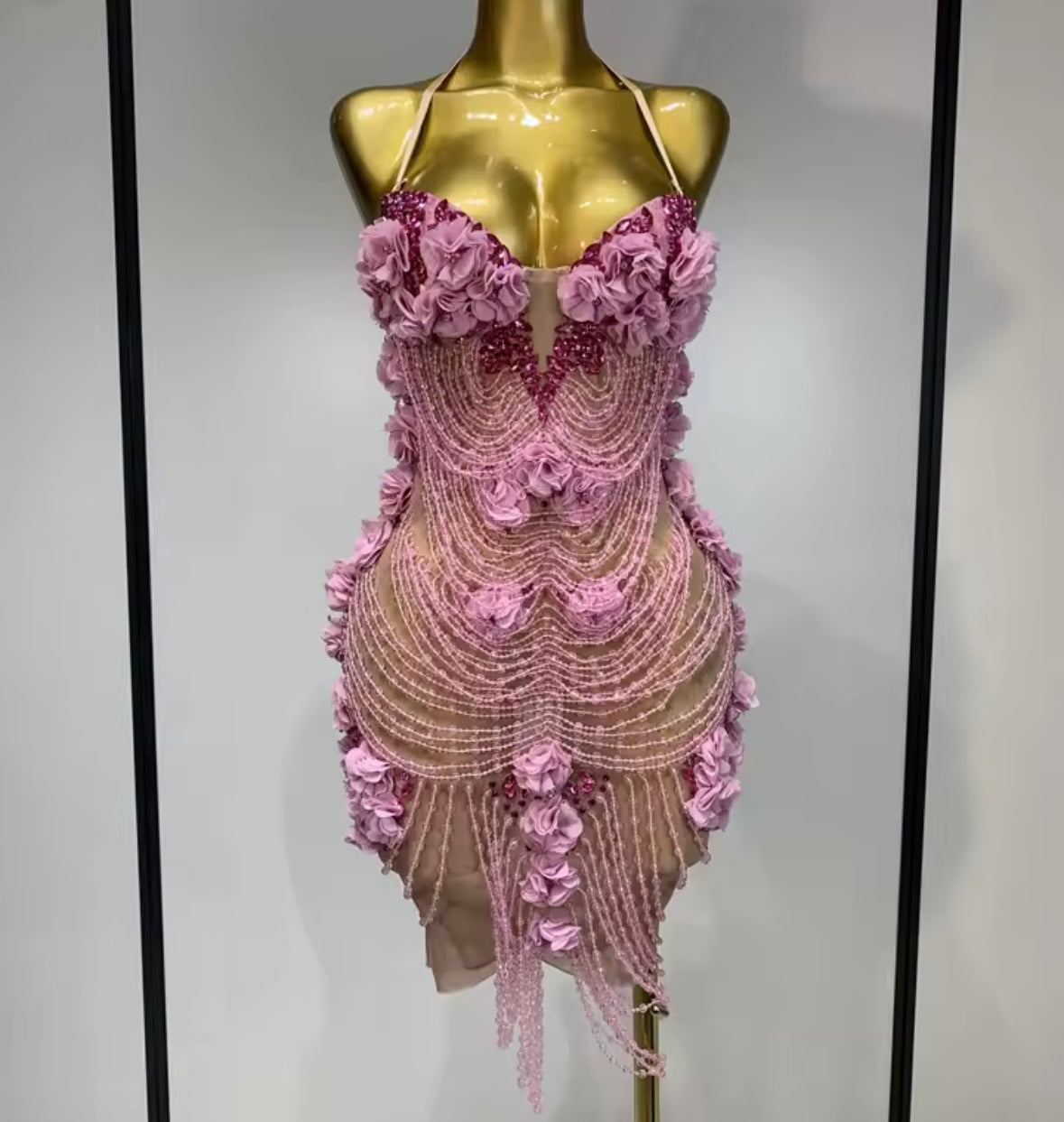Pink Halter Sleeveless Beaded Rhinestone Sexy Dress