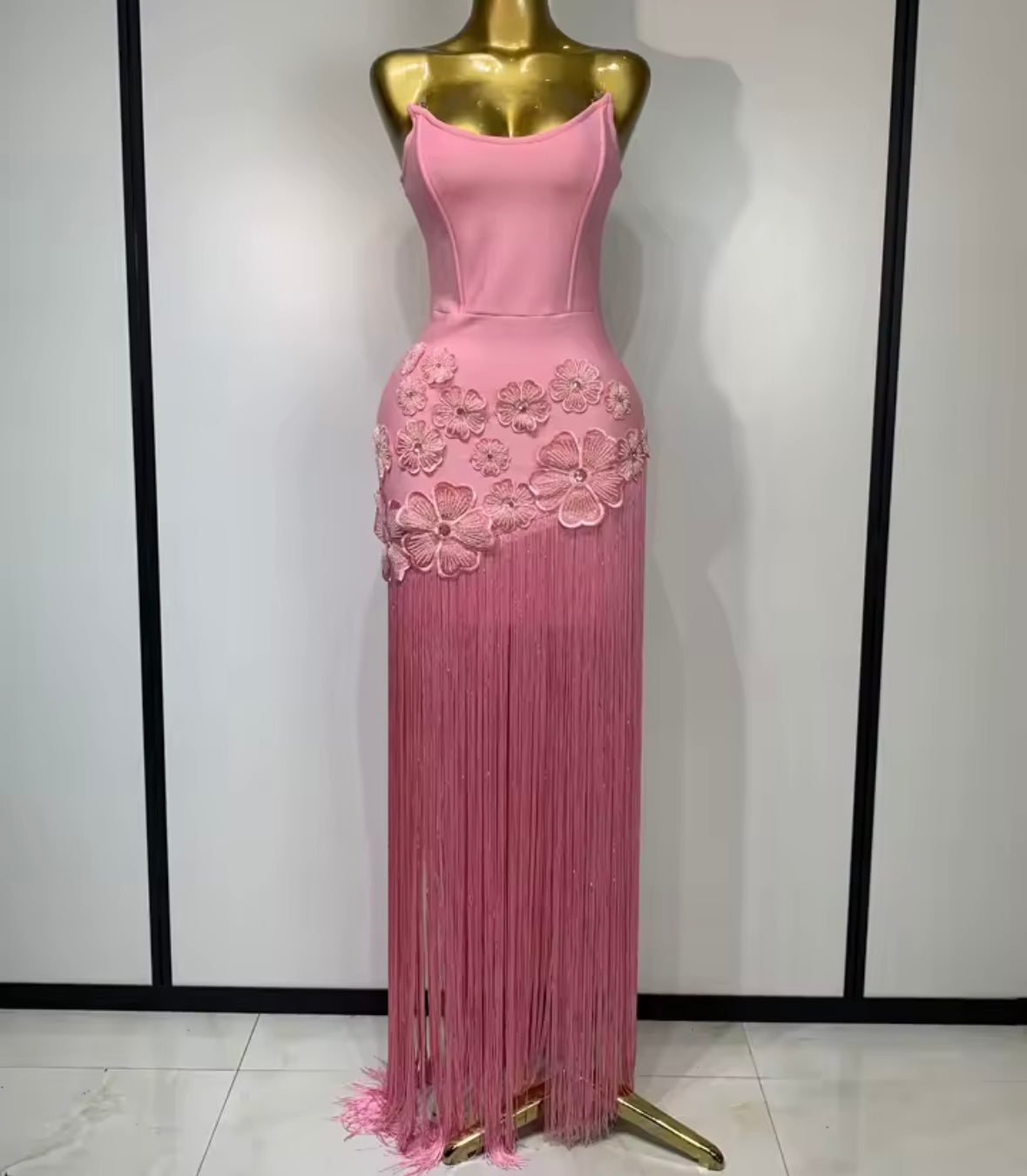 Pink Sleeveless Floral Fringe Tassel Sexy Maxi Dress