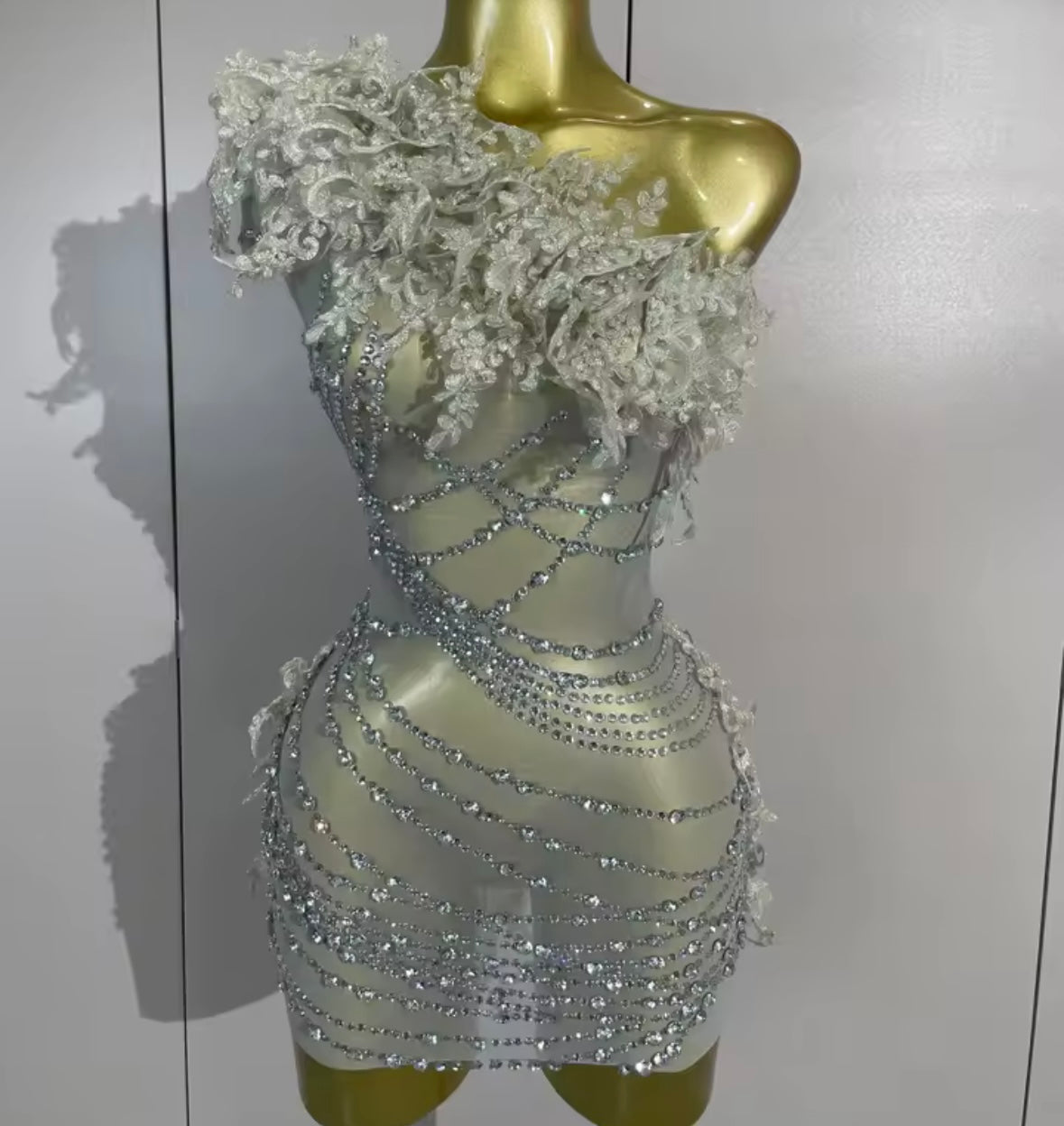Silver One Shoulder Sleeveless See Through Rhinestone Dress