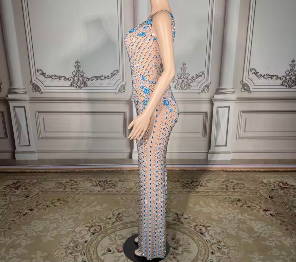 Sexy Sleeveless Blue Rhinestone Embellishment Maxi Dress