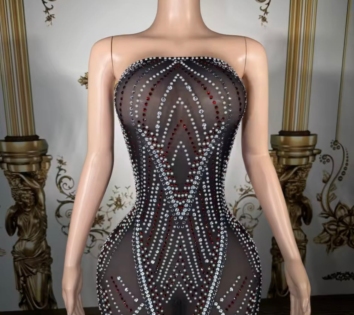 Black Sexy Strapless Rhinestone See Through Maxi Dress