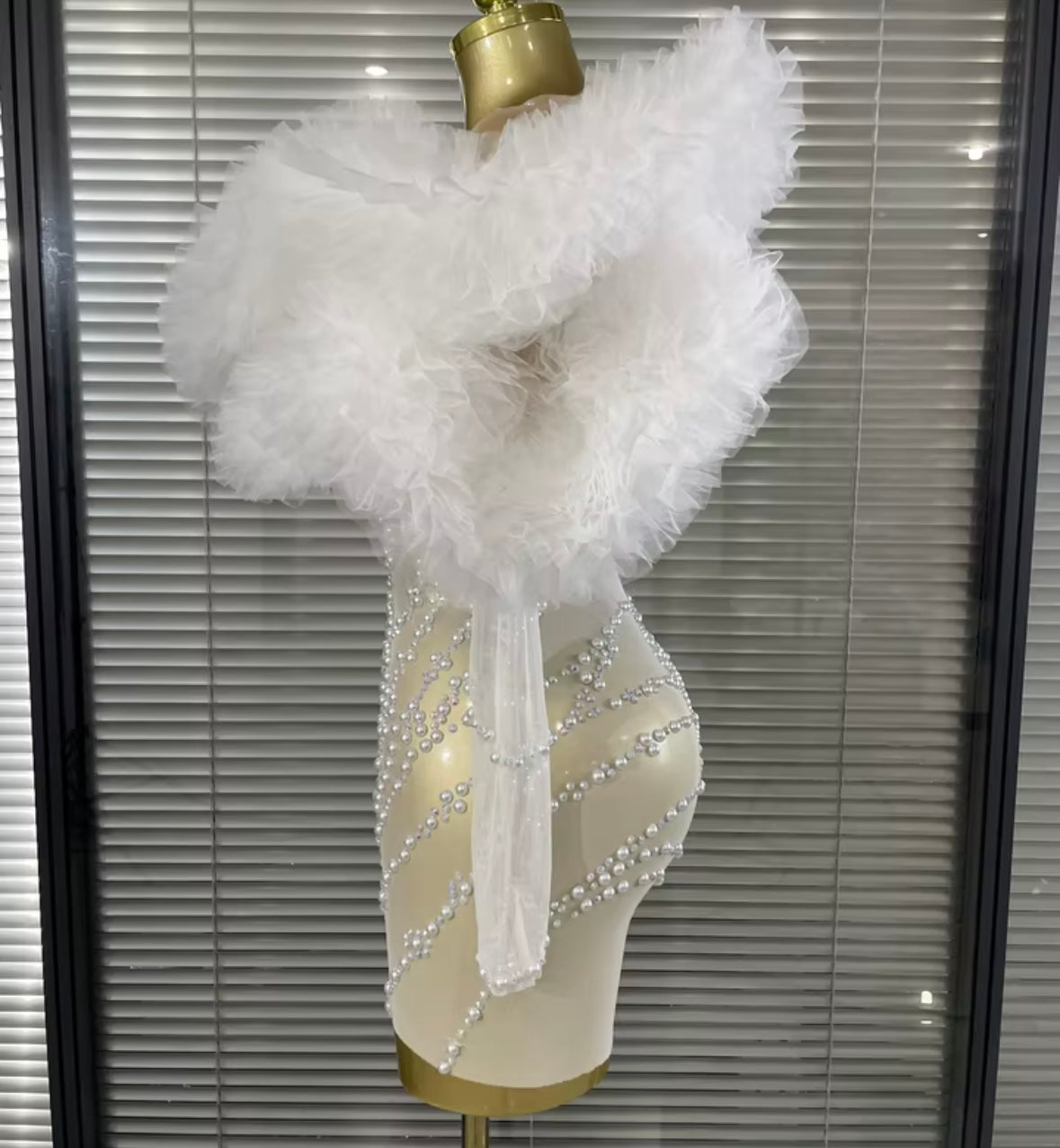 Sexy Beaded Ruffle Full Sleeve See Through Dress