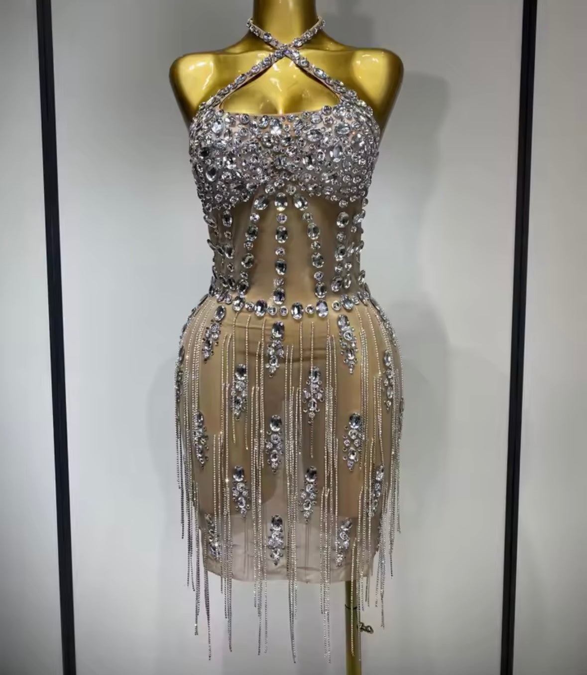 Sexy Halter Sleeveless Rhinestone Embellishment Tassel Dress