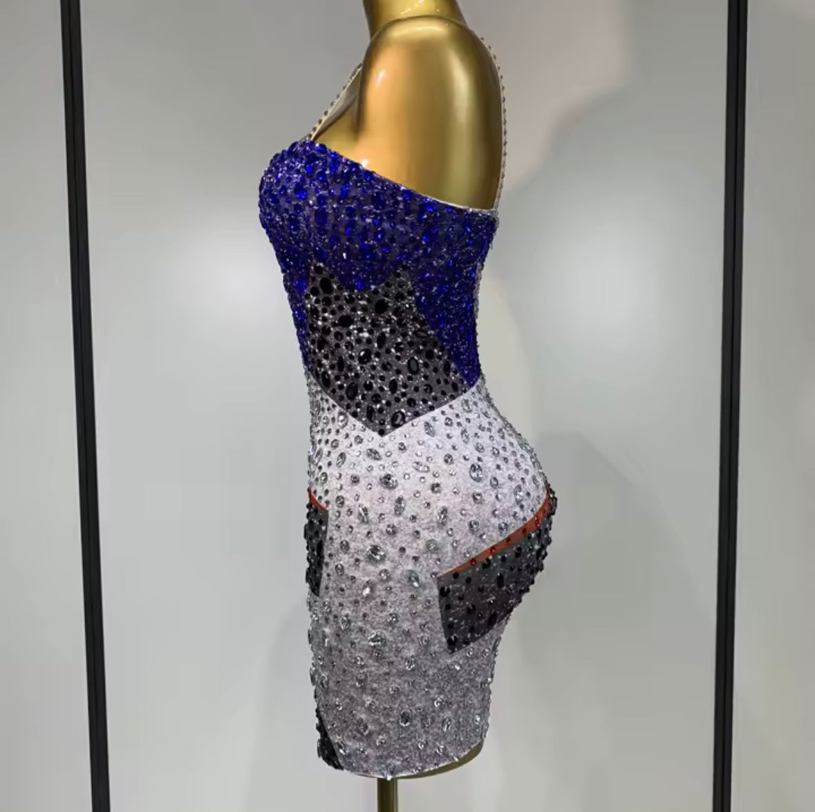 Sexy Sleeveless Color Patchwork Rhinestone Dress