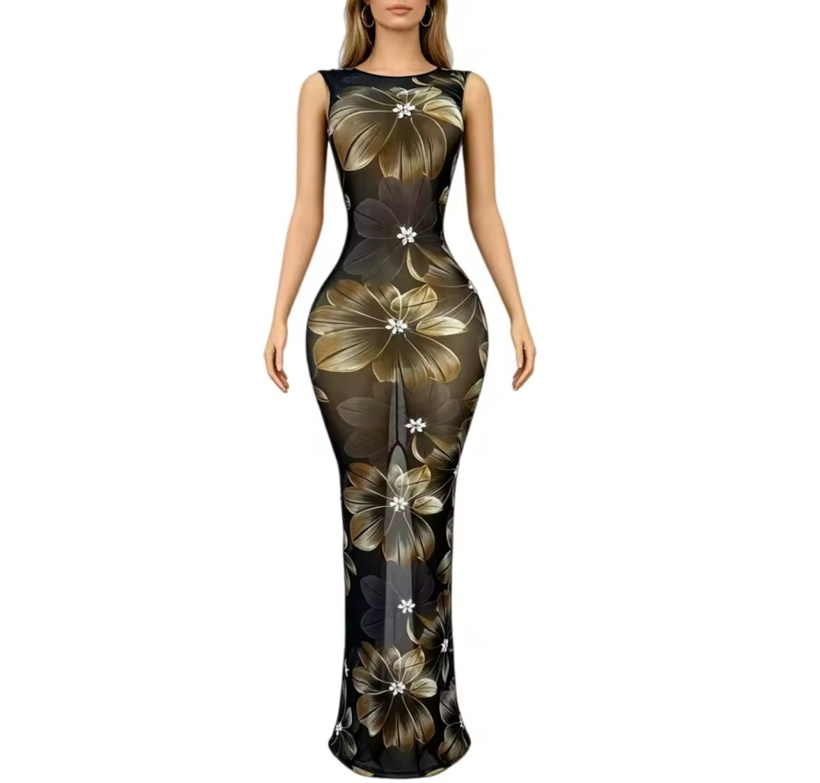 Sexy Black See Through Floral Floor-Length Dress