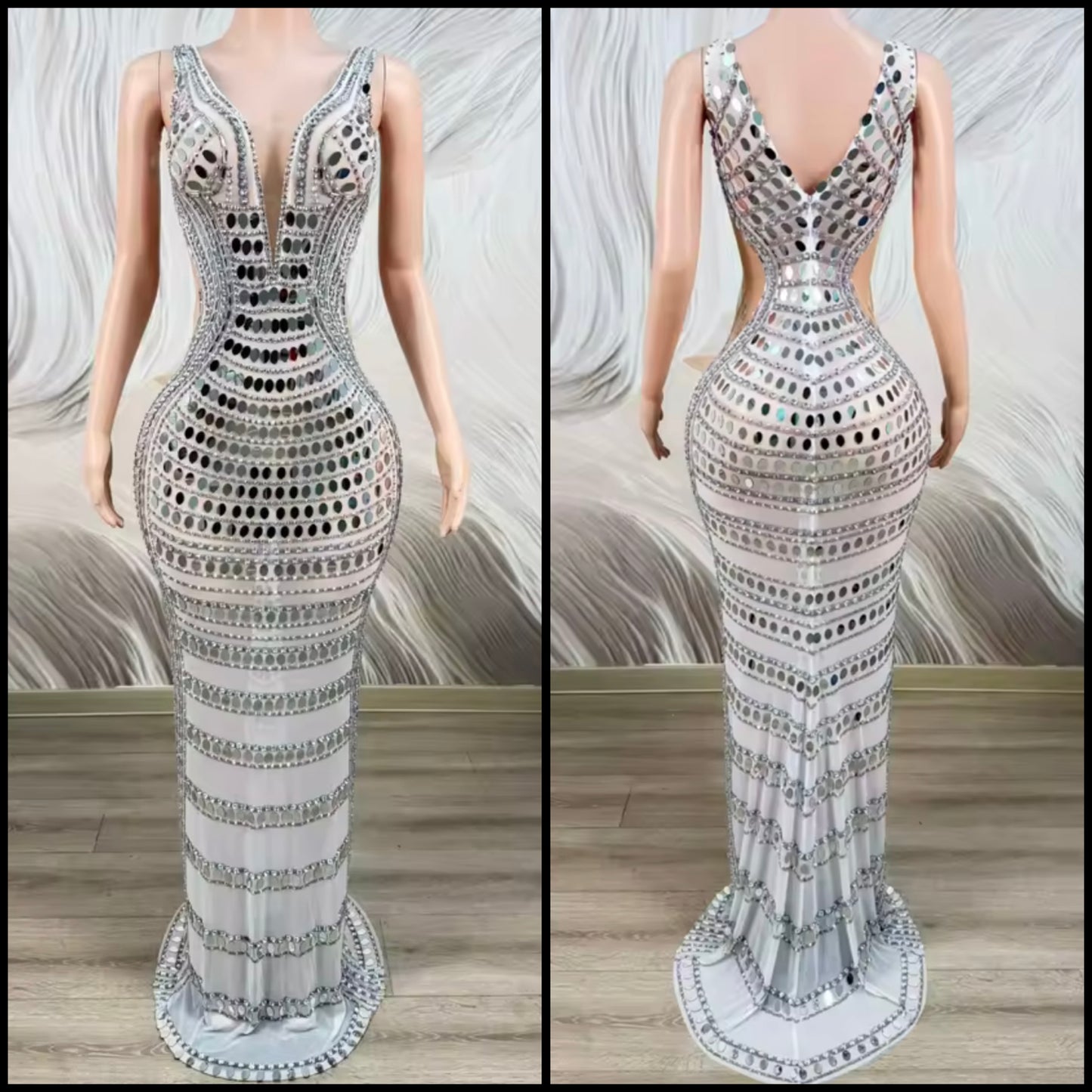 Sexy Sleeveless Mirror Rhinestone Embellishment Maxi Dress