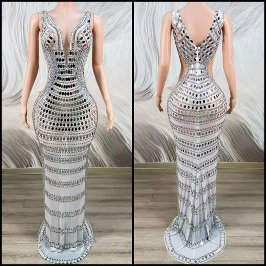 Sexy Sleeveless Mirror Rhinestone Embellishment Maxi Dress