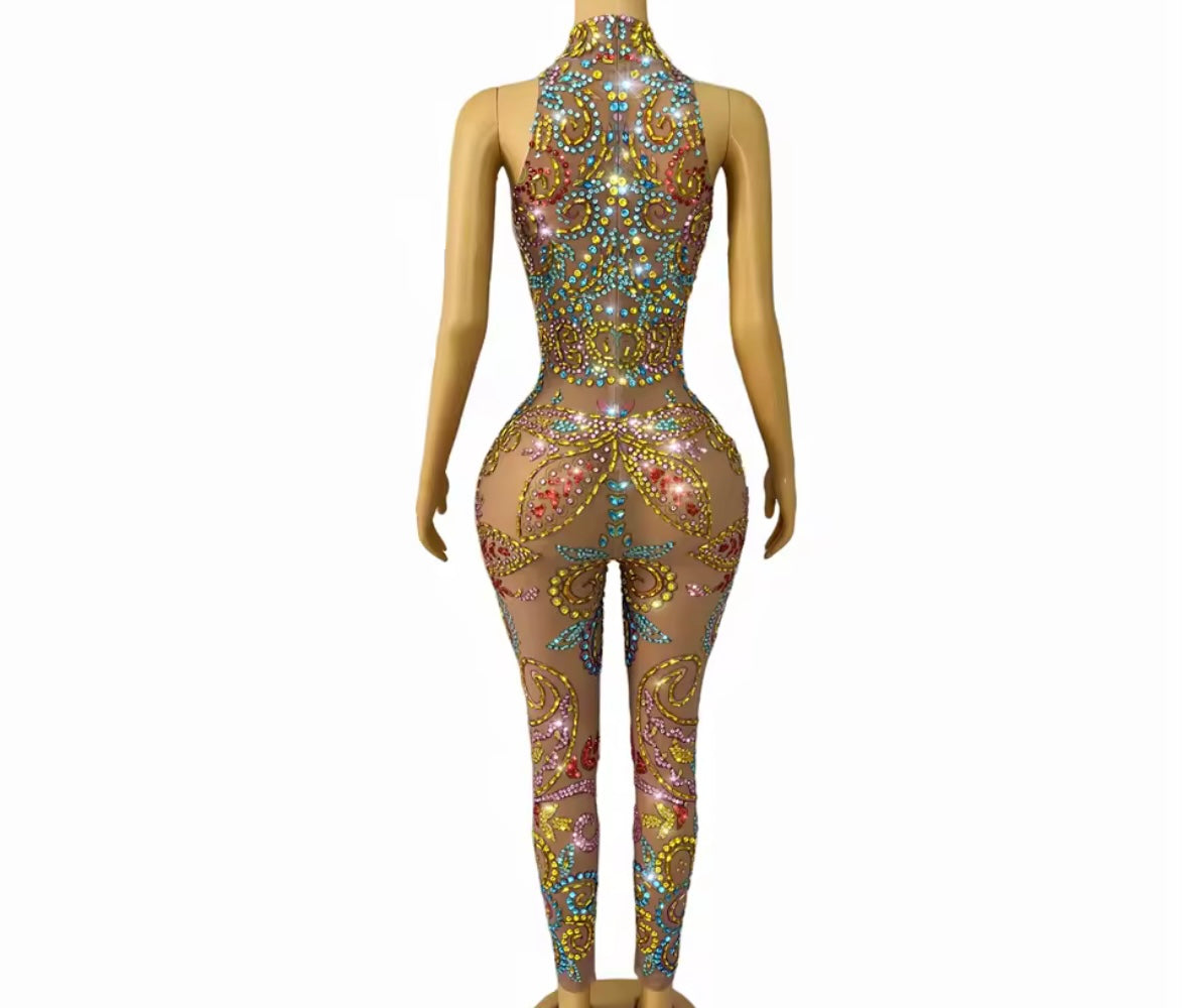 Sexy Sleeveless Colorful Rhinestone See Through Jumpsuit