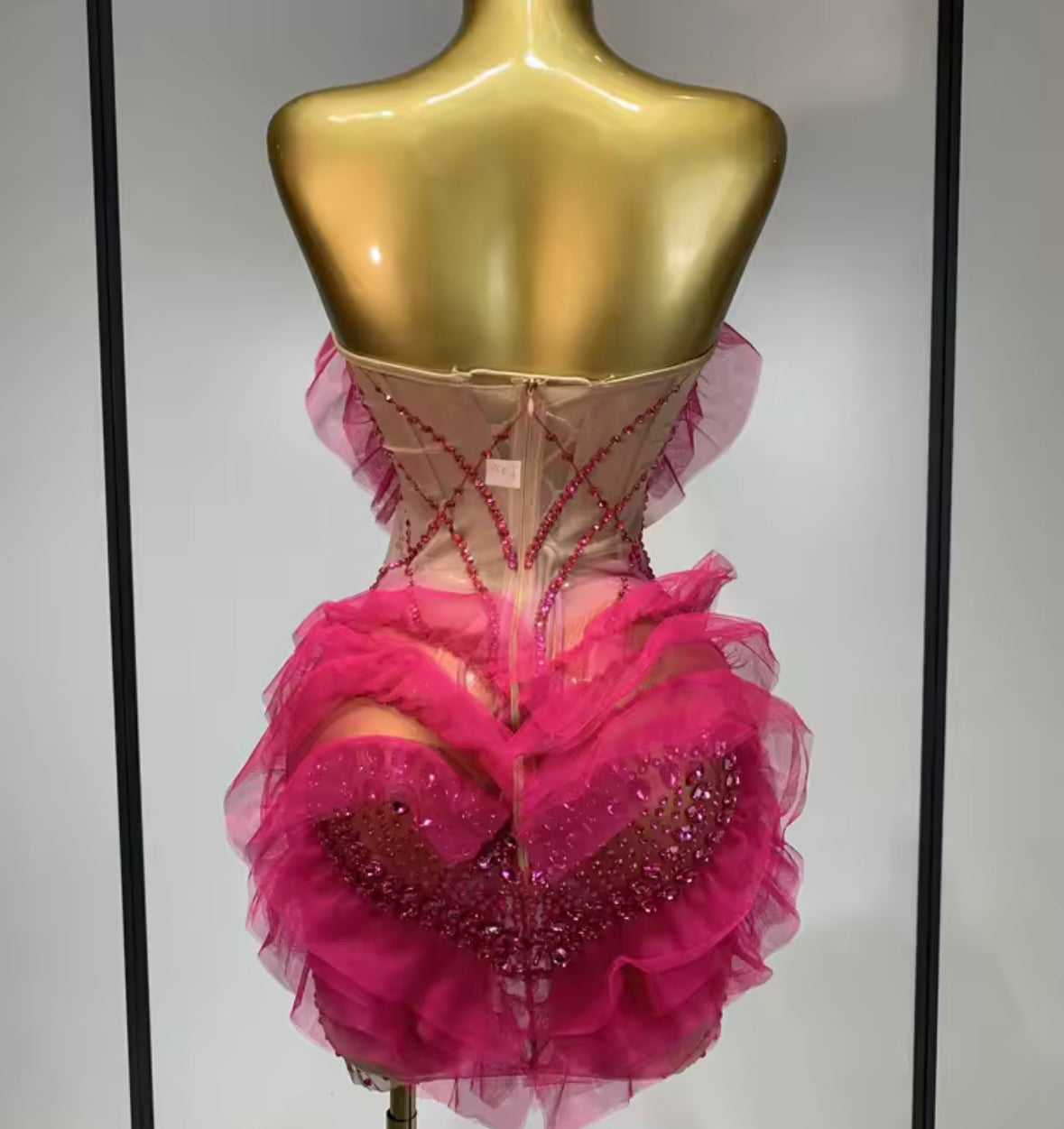 Sexy Pink Strapless Rhinestone Ruffle Short Dress