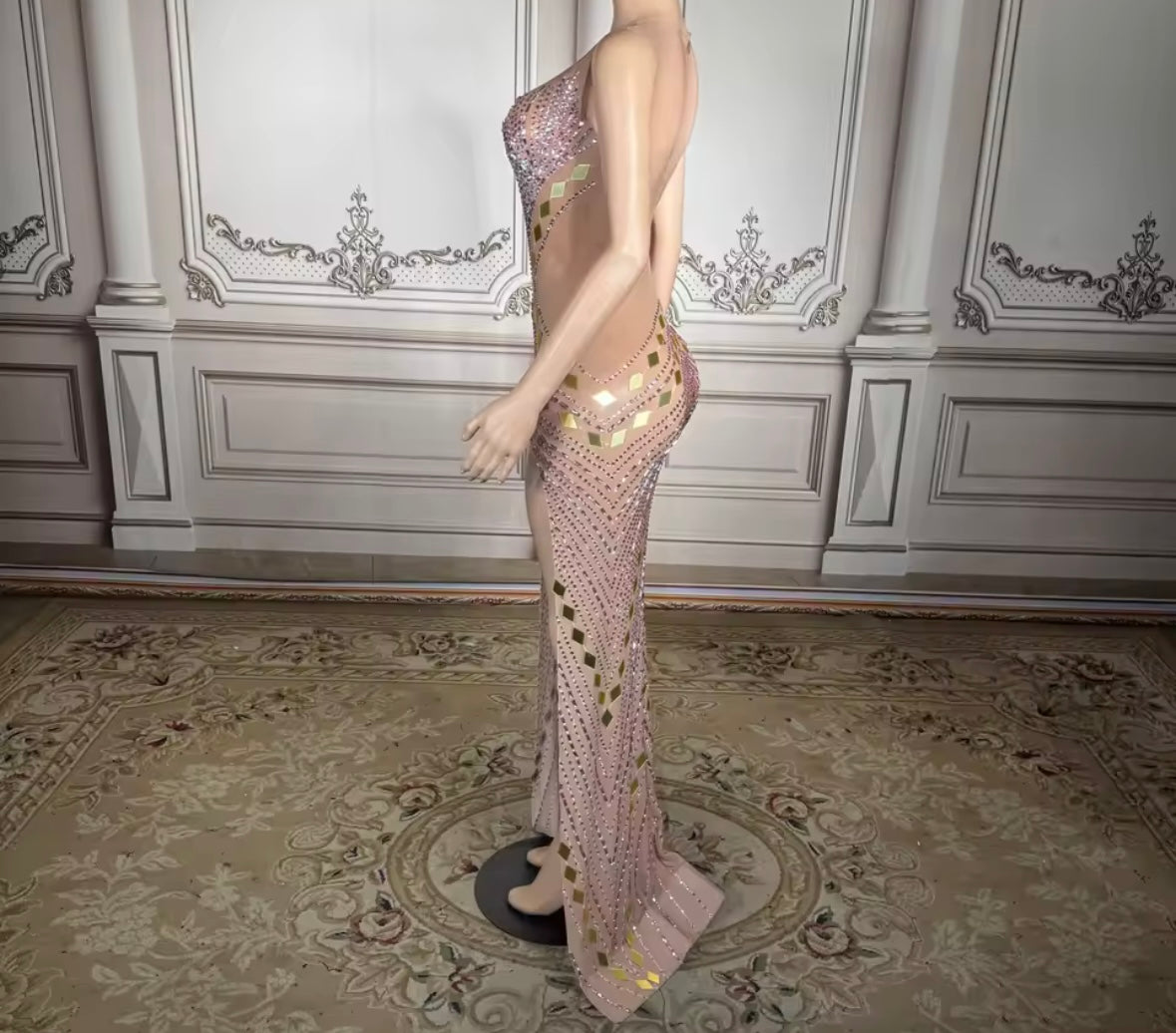 Sexy Sleeveless Rhinestone Mirror Side Split Maxi Dress