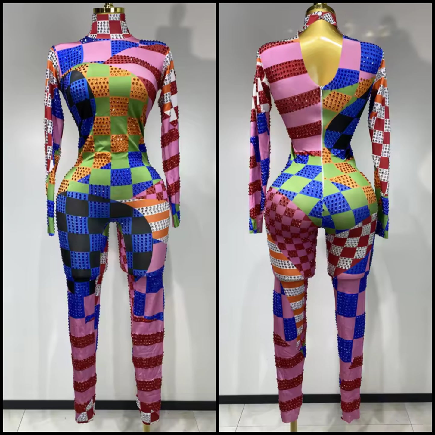 Multicolored Rhinestone Full Sleeve Jumpsuit