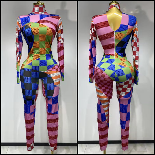 Multicolored Rhinestone Full Sleeve Jumpsuit