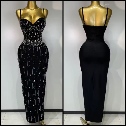 Black Elegant Sleeveless Crystal Rhinestone Embellishment Dress