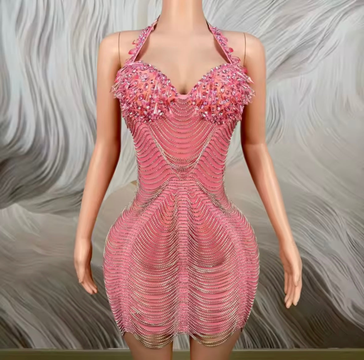 Sexy Halter Sleeveless Rhinestone Fringe Chain Dress