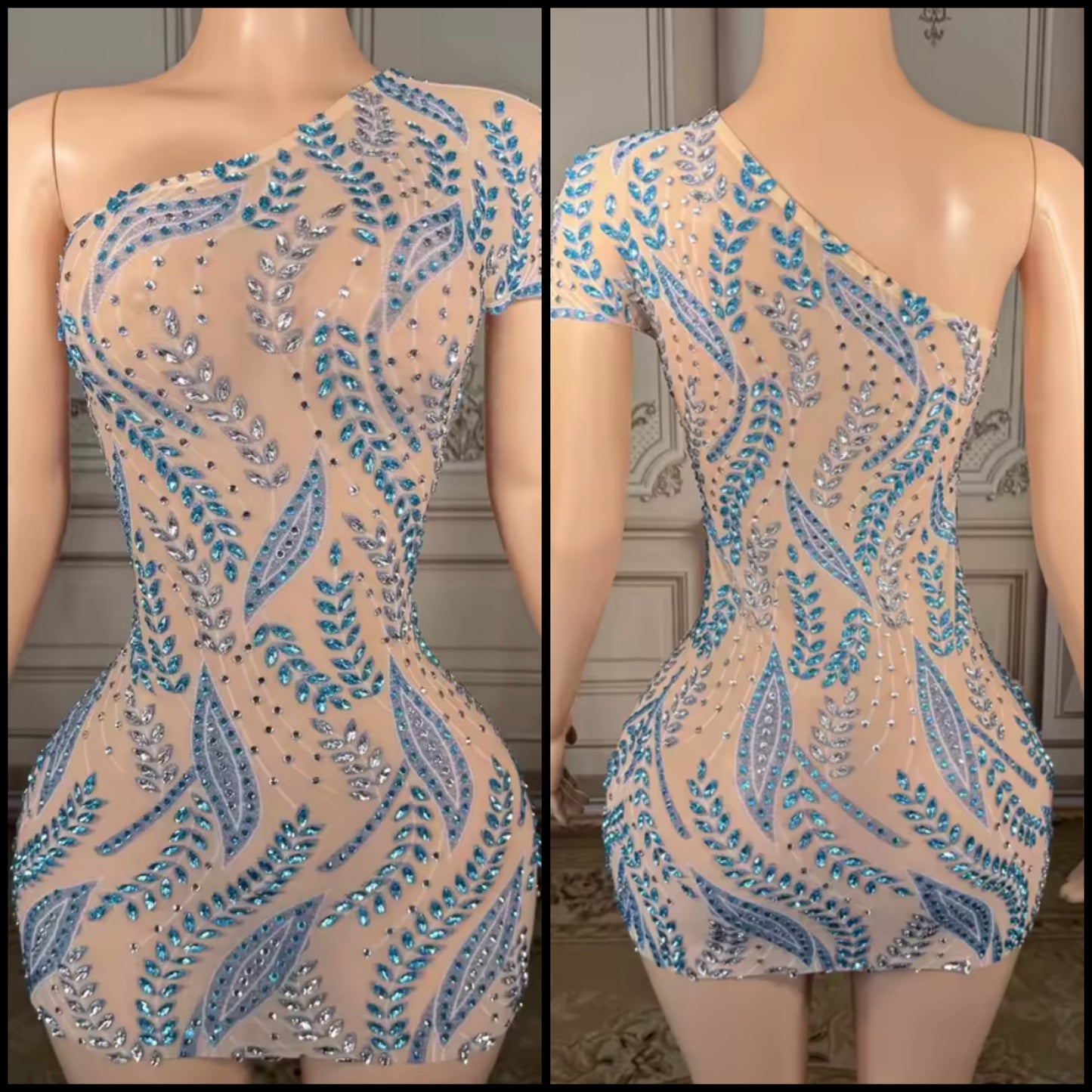 Sexy One Shoulder Rhinestone Embellishment See Through Dress