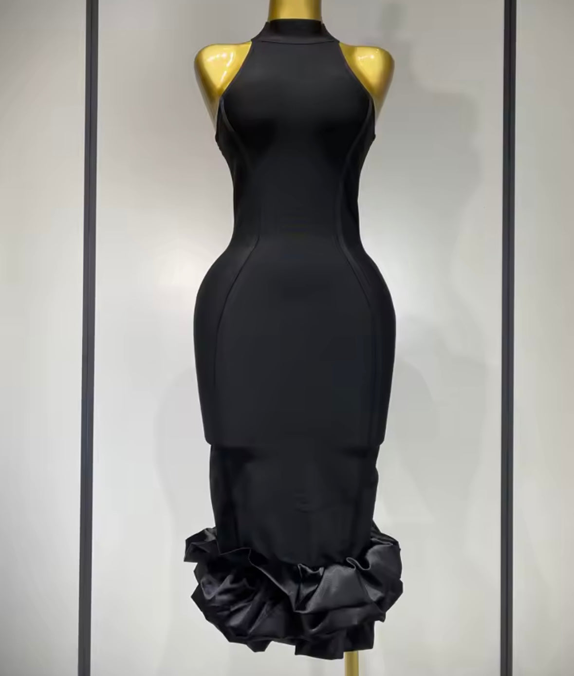 Sexy Black Sleeveless Ruffled Midi-Length Dress
