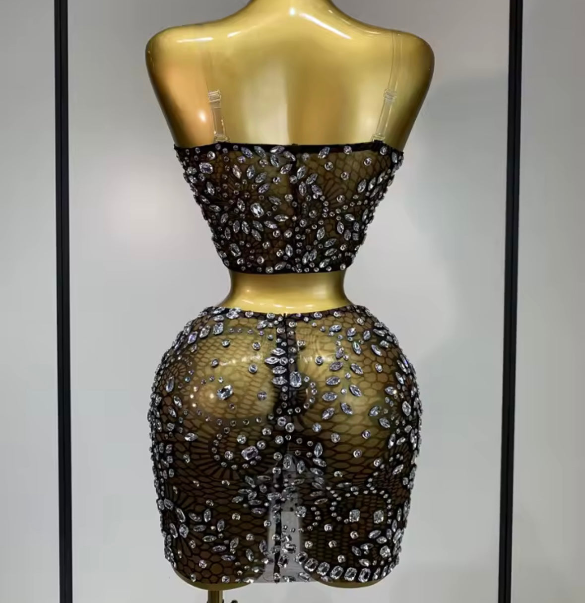 Sexy Strapless Rhinestone Crop See Through Skirt Set