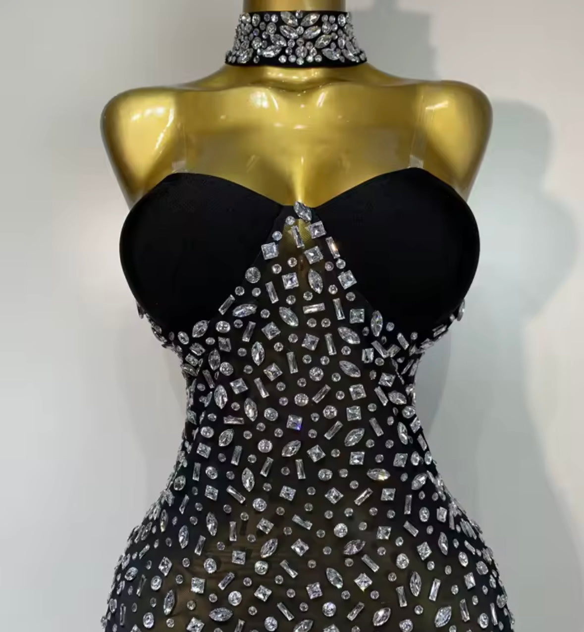 Sexy Black Strapless Choker Rhinestone Floor-Length Dress