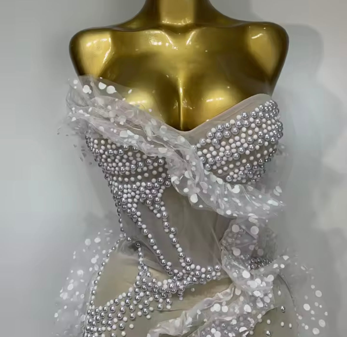 White Strapless Sexy Pearl Ruffle See Through Dress