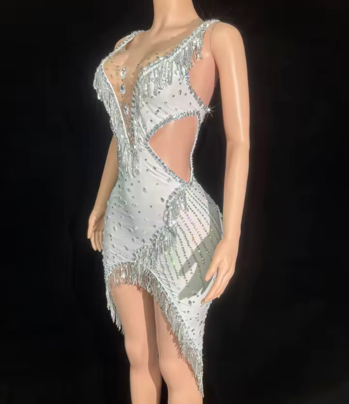 Sexy Sleeveless Rhinestone White Asymmetrical Tassel Dress