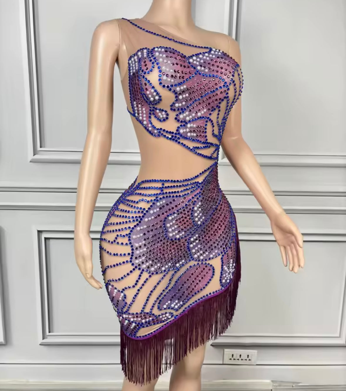 Sexy One Shoulder Sleeveless Rhinestone Fringe Tassel Dress