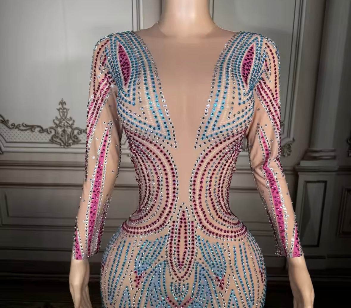 Sexy See Through Colorful Rhinestone Full Sleeve Maxi Dress