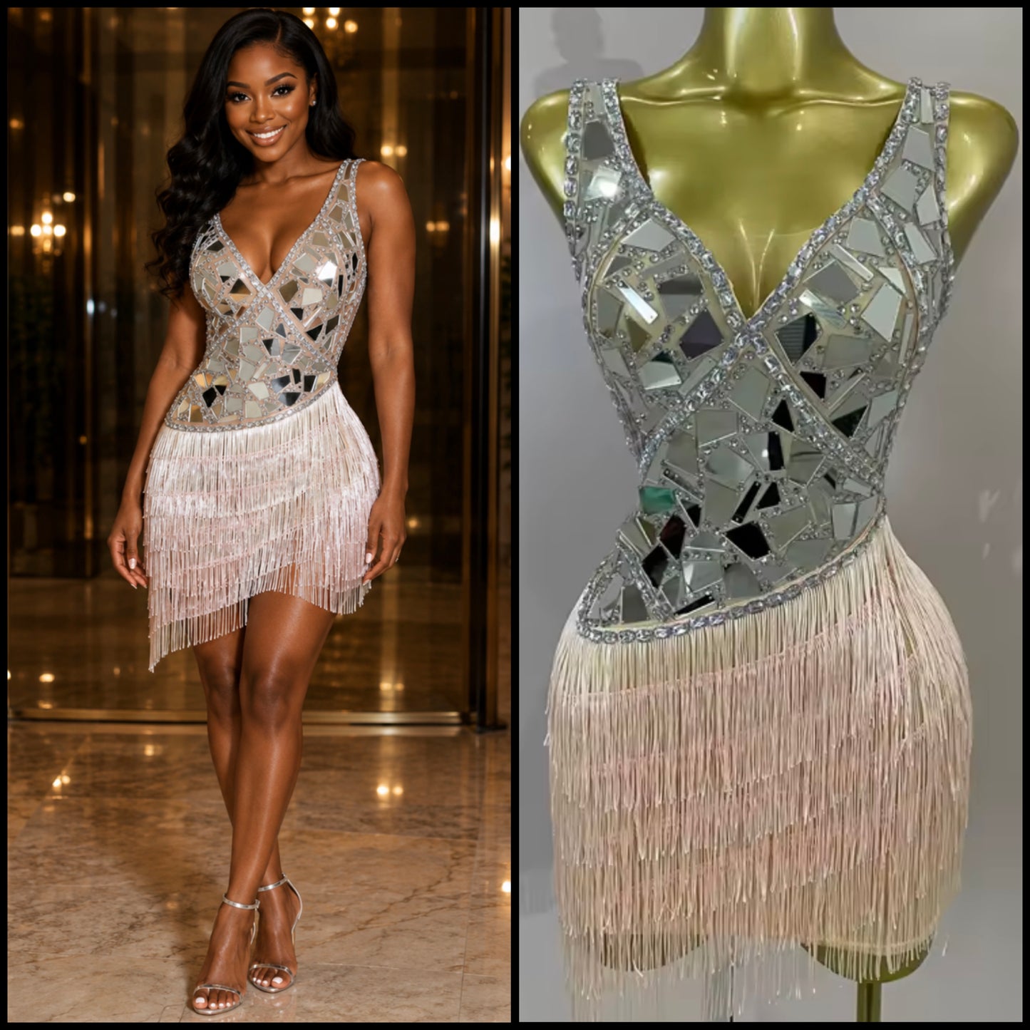 Sexy Sleeveless Mirror Fringe Tassel Dress