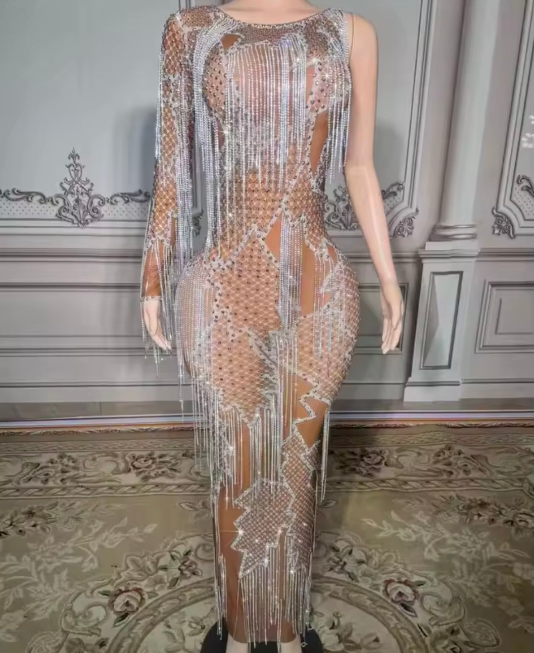 Sexy Rhinestone Tassel Full Sleeve See Through Maxi Dress
