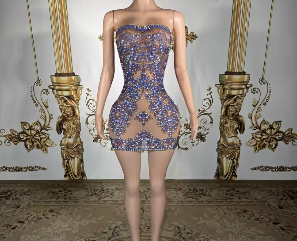 Sexy Strapless Purple Rhinestone See Through Dress