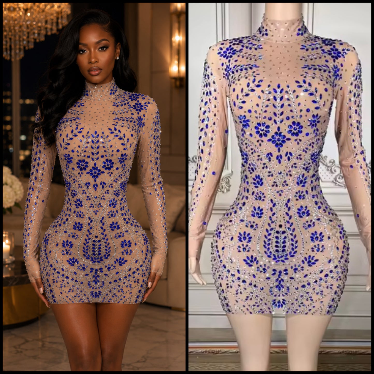 Blue Rhinestone Embellishment See Through Sexy Dress