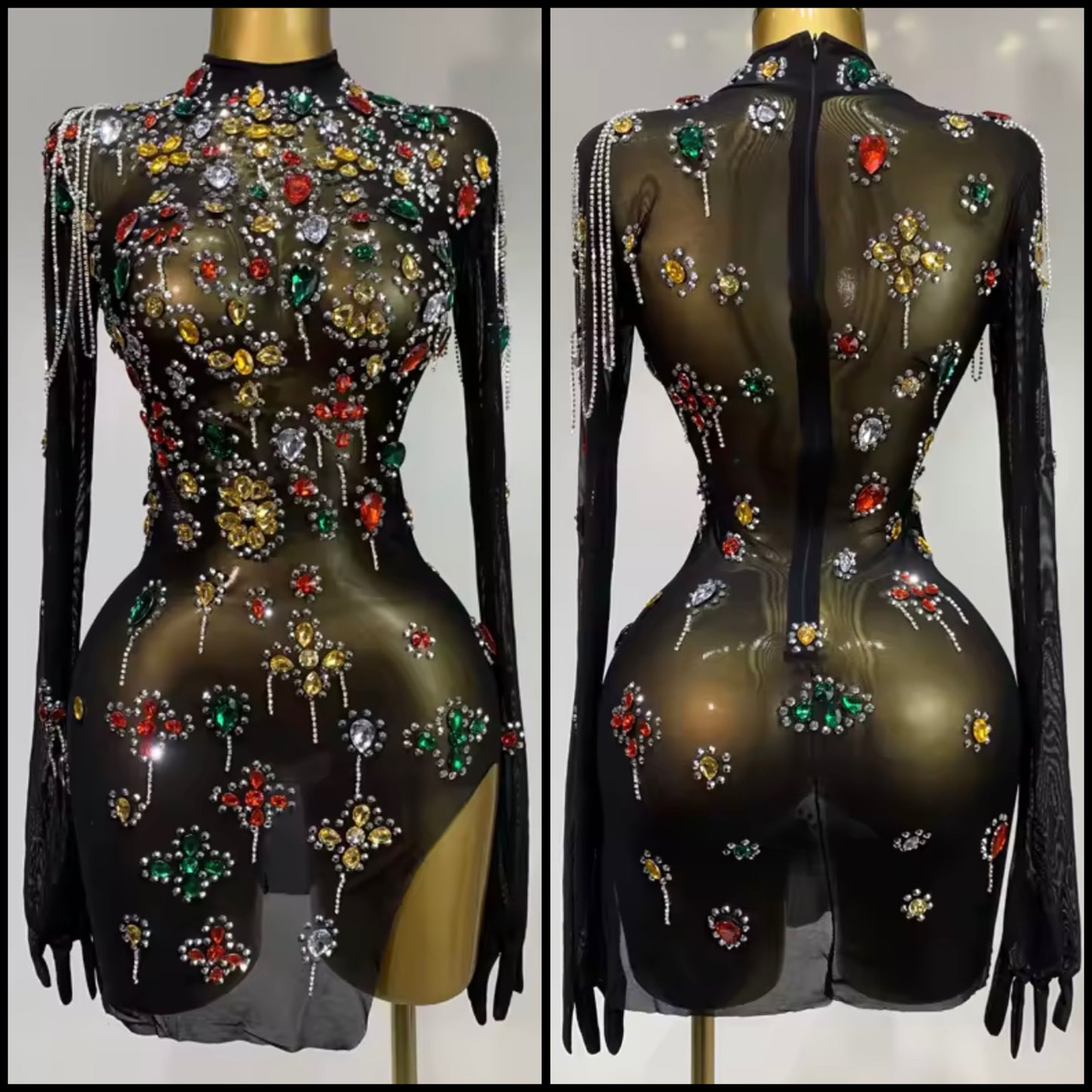Sexy Black Crystal Rhinestone Chain Glove Full Sleeve Dress