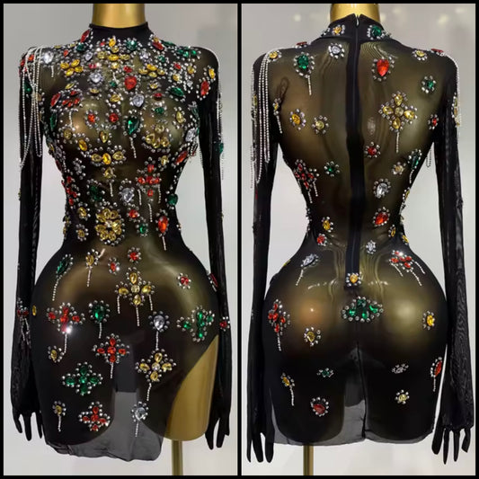 Sexy Black Crystal Rhinestone Chain Glove Full Sleeve Dress