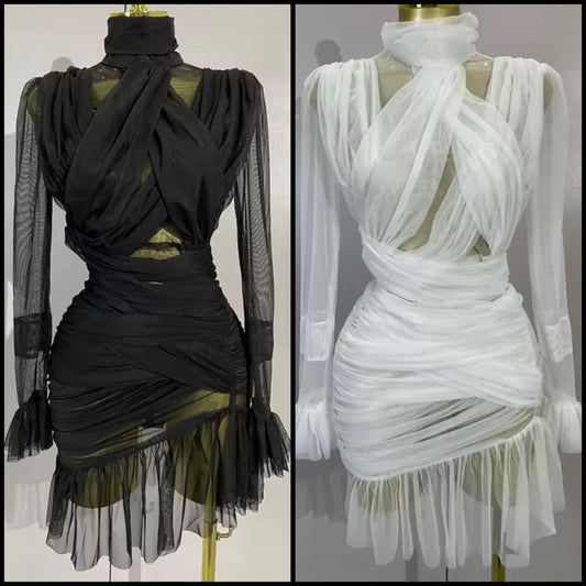 White Sexy See Through Ruched Ruffle Full Sleeve Dress