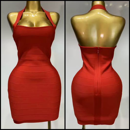 Red Sexy Halter Sleeveless Bandage Dress