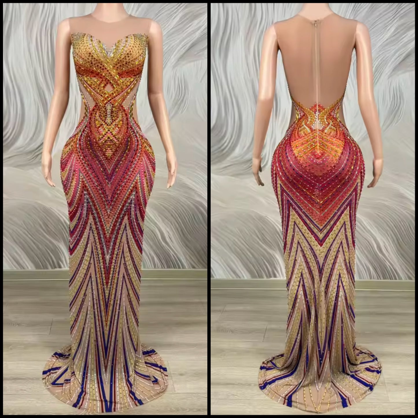 Elegant Multicolor Rhinestone Sleeveless Floor-Length Dress
