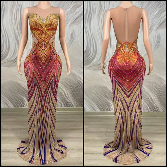 Elegant Multicolor Rhinestone Sleeveless Floor-Length Dress